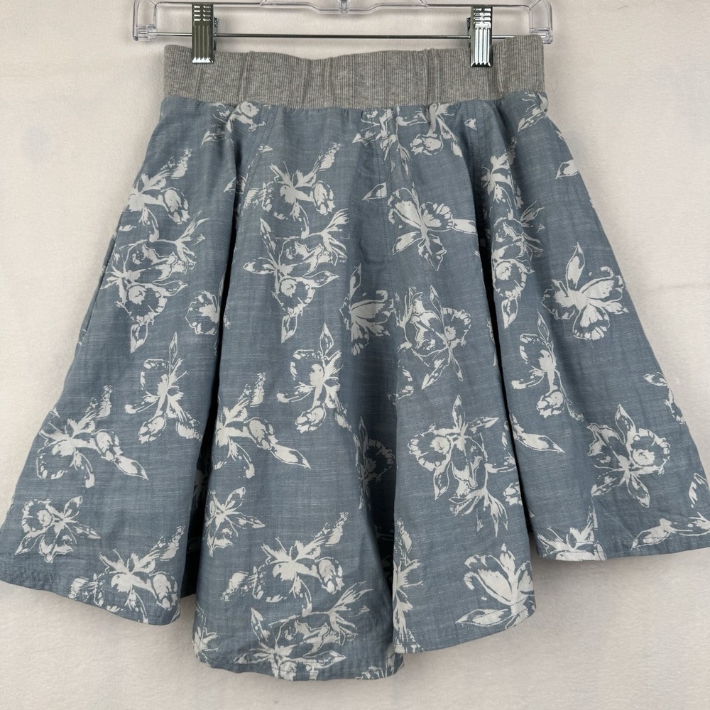FREE PEOPLE Blue Floral Cotton Pull On Mini Skirt SIZE XS Petite Pockets Gray